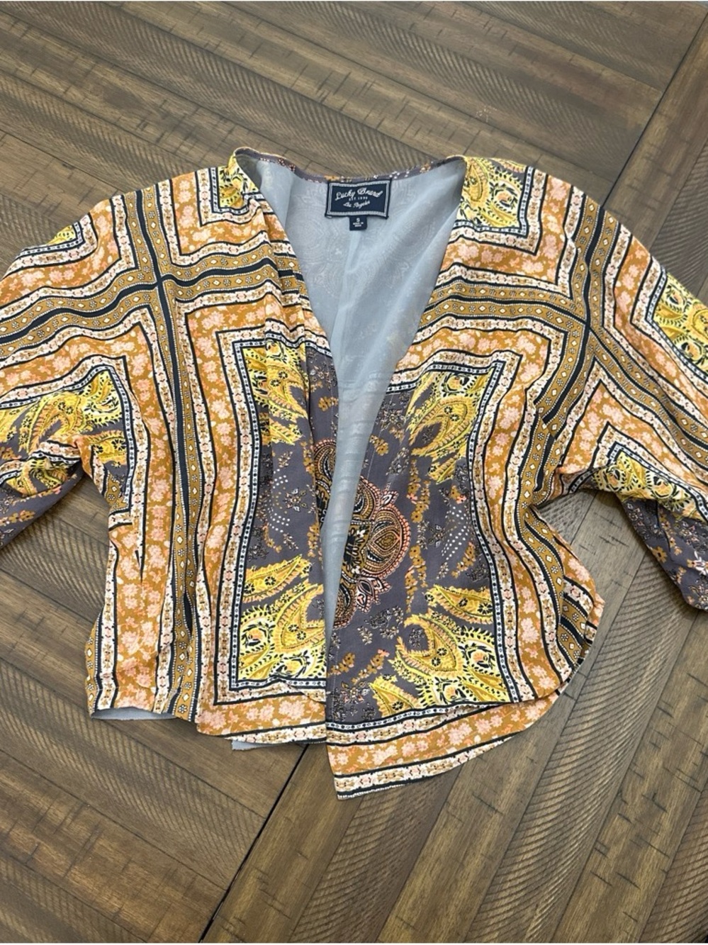 Lucky Brand Yellow & Gray Paisley Open-Front Blazer
